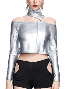 ROMWE Grunge Punk Sexy PU Reflective Striped Futuristic Women Bodycon T-Shirt - Silver - View 6