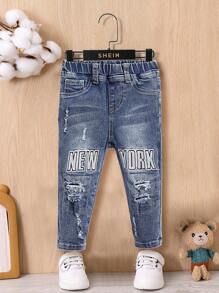 SHEIN Baby Boys' Cute Blue Ripped Frayed High Stretch Letter Embroidered Jeans,For Baby Boys Outdoor Wear