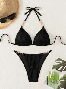 SHEIN Swim 女士纯色比基尼泳装套装，夏季 - 黑色 - 查看 8