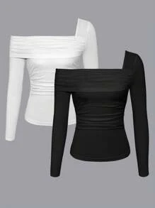 Chiquease Damen asymmetrischer Ausschnitt Langarm Passform Gerafftes Elegantes Charmantes Weiches T-Shirt - Schwarz und Weiss - Übersicht 1