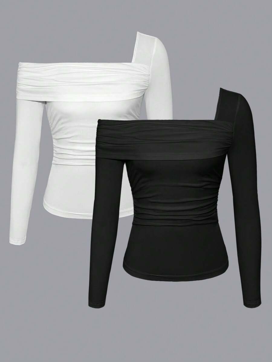 Chiquease Damen asymmetrischer Ausschnitt Langarm Passform Gerafftes Elegantes Charmantes Weiches T-Shirt - Schwarz und Weiss - Übersicht 1