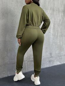 VaVaBold 2 piezas Conjunto de pantalones jogger de punto con bolsillos frontales con cremallera para mujer, otoño - Verde militar - Ver 2