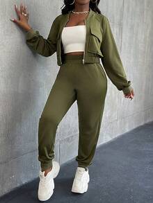 VaVaBold 2 piezas Conjunto de pantalones jogger de punto con bolsillos frontales con cremallera para mujer, otoño - Verde militar - Ver 4