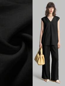 Ontre 2 件套女士纯色简约休闲无袖上衣和裤子套装，奶油黄色，秋装 - 黑色 - 查看 10