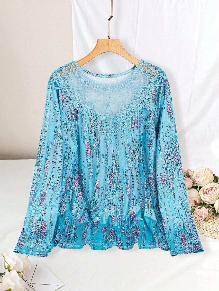 SHEIN Clasi 大码蕾丝拼布长袖简约 T 恤，休闲日常穿着