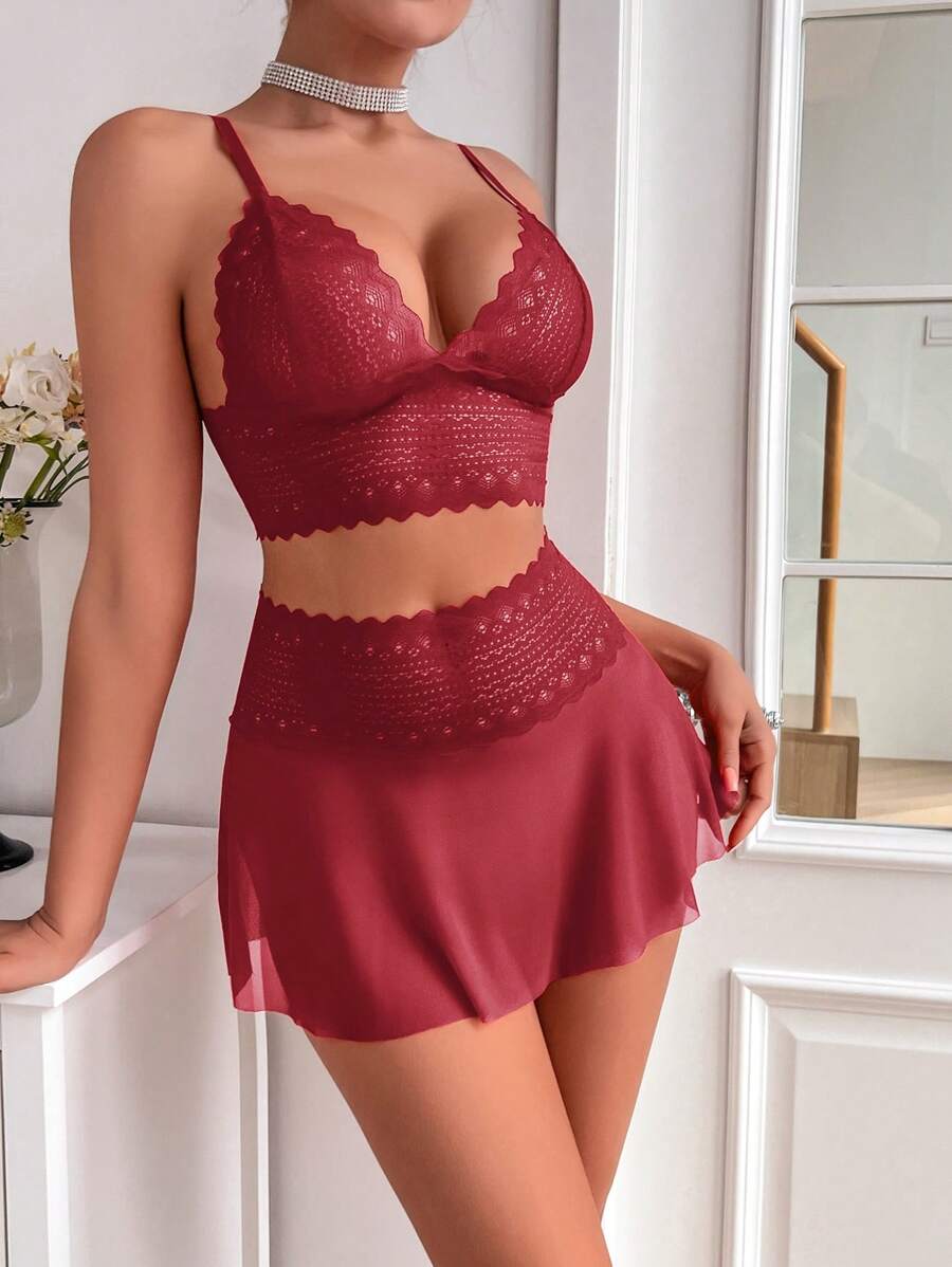Seduluxe 2pcs/Set Lace Patchwork Sheer Wireless Sexy Lingerie Top & Skirt Set For Women Going Out