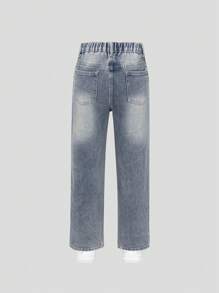 SHEIN Quần Jeans Denim Xé Trung Bình Màu Xanh Phai Cổ Điển Thường Ngày Cho Bé Gái - Rửa trung bình - Xem 2