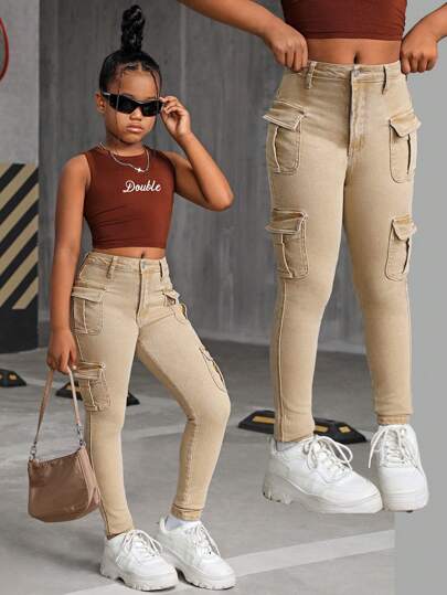 SHEIN Tween Girl's Y2K Khaki Washed Stretchy High Waisted Skinny Cargo Jeans With Multiple Pockets,Tween Girl Fall Clothes Back To School Streetwear Outfits