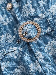 SHEIN MOD 公主领灯笼袖金属腰带印花女式阔腿连体裤，牛仔效果，腰部阔腿连体裤，休闲日常穿着，秋冬女式连体裤，女式沙滩装，女式早午餐装 - 彩色 - 查看 3