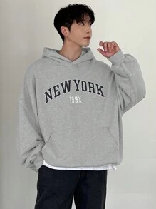 DAZY Áo nỉ có mũ in chữ cho nam, mùa thu, lót nhiệt - Xám - Xem 5