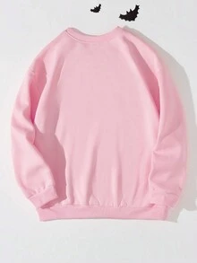 Women's Casual Halloween Party Cartoon Witch Hat Cute Ghost Colorful Letter & Slogan Print Basic Crew Neck Sweatshirt - Pink - View 2
