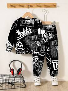 SHEIN 2 件套宽松休闲卡通熊印花运动衫和裤子套装，适合年轻男孩，夏季服装 - 彩色 - 查看 2