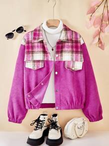 Teen Girl Casual Plaid Patchwork Jacket, Autumn