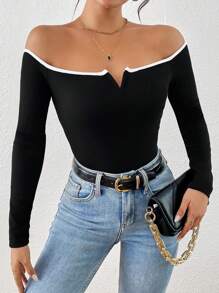 SHEIN Privé Áo thun dài tay hở vai họa tiết tương phản thường ngày mùa xuân/thu dành cho nữ - Đen và trắng - Xem 6