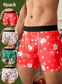 Wedaily 4pcs Men's Allover Print Fashion Casual Comfortable Boxer Briefs, Christmas - Multicolor - View 1