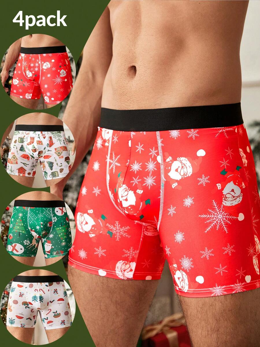 Wedaily 4pcs Men's Allover Print Fashion Casual Comfortable Boxer Briefs, Christmas - Multicolor - View 1