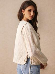 Poéselle 女式米色绗缝无袖侧系蝴蝶结背心夹克，印花绗缝撞色背心夹棉外套，无袖，水钻绗缝，绗缝夹克，简约时尚，秋季夹克，冬季女式夹克，休闲装 FW24 波西米亚风 - 杏色 - 查看 6