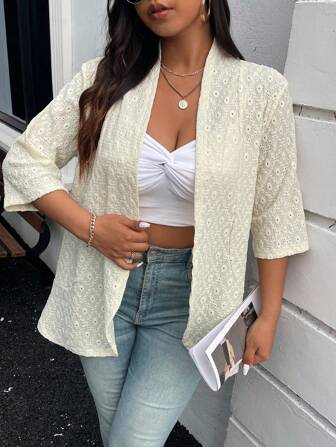 SHEIN Privé Plus Size Elegant Basic Collarless Vintage Hollow-Out Textured Asymmetrical Hem White Lightweight Jacket, Autumn