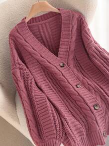 SHEIN Frenchy Plus Size V-Neck Button Down Long Sleeve Casual Loose Cardigan, For Winter