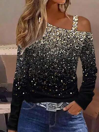 Women Gradient Sequin Print Shoulder Top, Casual Fashion Glitter Shirt For New Year Party, Long Sleeve