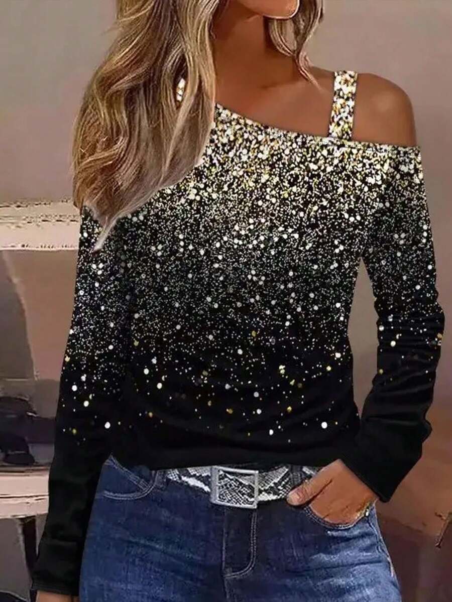 Áo thun vai in họa tiết sequin chuyển màu cho nữ, Áo sơ mi lấp lánh thời trang thường ngày cho tiệc năm mới, Tay dài - Nhiều màu - Xem 1