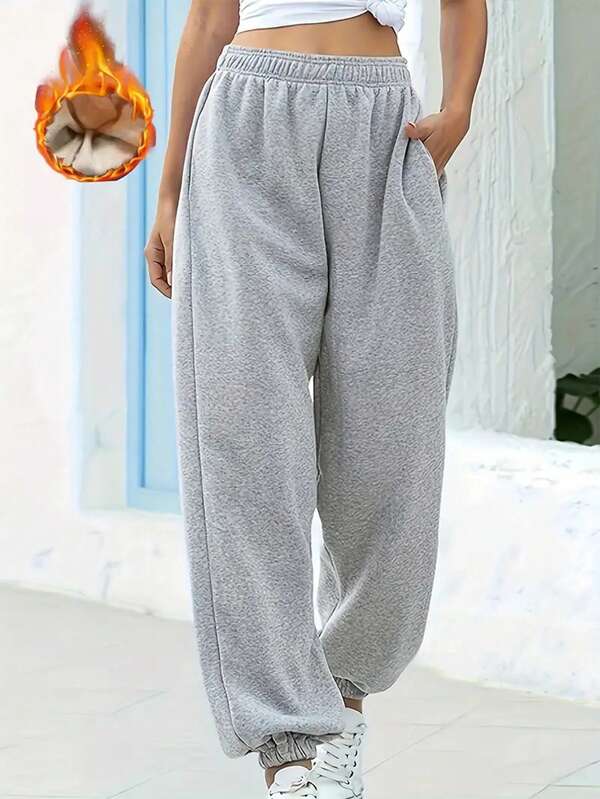 Pantalon grande taille pour femme à taille haute ample et jambes droites, taille élastique, doublure thermique, pantalon casual, automne/hiver