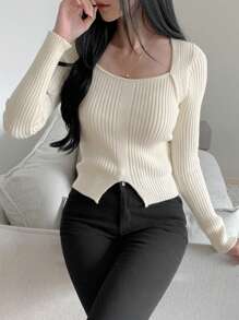 DAZY Women's Solid Color Simple Fitted Long Sleeve Sweater, Casual Daily Wear