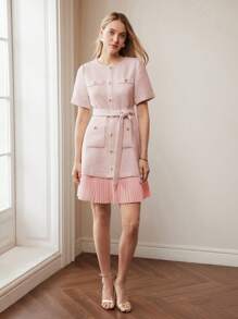 MOTF PREMIUM TWEED CONTRAST PLEATED HEM DRESS