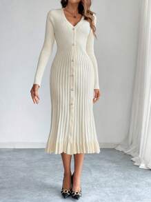 Firerie 女士深 V 领长袖纽扣合身褶皱优雅连衣裙 - 杏色 - 查看 5