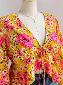 Soleia 大码度假女士休闲白色蕾丝拼接蝴蝶结装饰腰带复古风格背心 - 彩色 - 查看 4