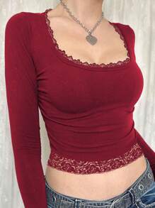 INAWLY 女士纯色蕾丝拼布长袖 T 恤 - 紅色 - 查看 6