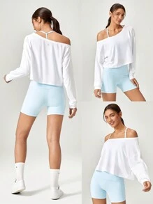 GLOWMODE Pima Cotton Cropped One-Shoulder Drop Shoulder Long Sleeve Tee Daily Casual