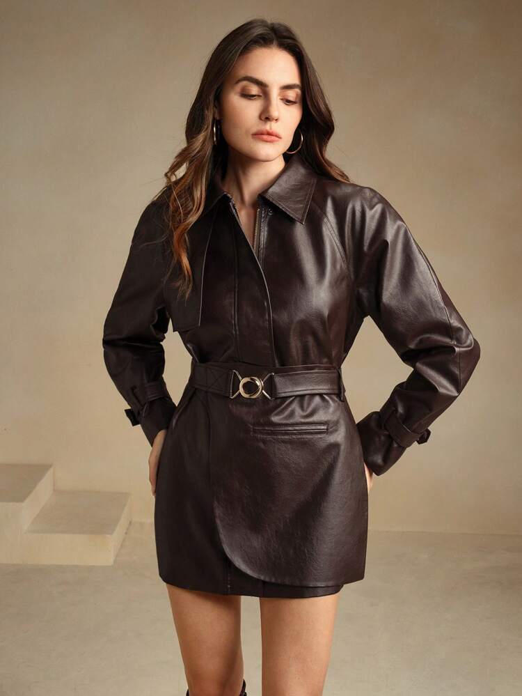 Chaqueta larga ajustada con cinturón de poliuretano marrón, de estilo elegante para mujer