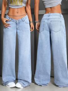 SHEIN ICON 女式系扣直筒休闲时尚潮流街头牛仔裤 - 淺色水洗藍 - 查看 6