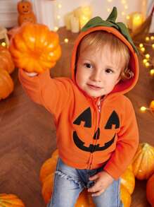 SHEIN Playful Pals Chaqueta con capucha de forro polar con bordado de calabaza para bebé niño, apropiada para Halloween, Acción de Gracias o fiestas - Naranja - Ver 1
