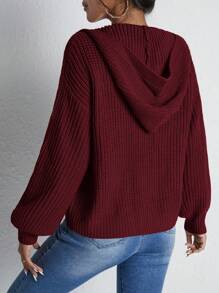 EURMUSE Xoắn Dan Thả vai Dây kéo áo có mũ Áo len Mở - Màu Đỏ Sâu - Xem 2