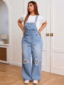 SHEIN EZwear Plus Size Retro Ripped Denim Overalls With Strap Design, Casual Streetwear