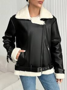 EURMUSE French Patchwork Fabric Zip-Up Jacket With Faux Shearling Trims - Black - View 4