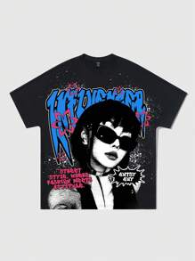 ROMWE MEN Street Life 男士宽松街头人物印花短袖 T 恤，夏季复古 - 黑色 - 查看 1