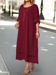 EMERY ROSE Plus Size Teacher Clothes Casual Fit Solid Color Round Neck Roll-Up Sleeve Casual Dress - Burgundy - View 6