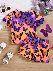 SHEIN 2pcs Girls Butterfly Pattern Loose Casual Short Sleeve Shorts Knit Comfortable Sleepwear Set, Summer