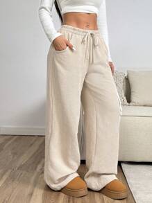 SHEIN EZwear Women's Apricot Color Cordury  Wide Leg Pants,Autume / Winter - Khaki - View 5