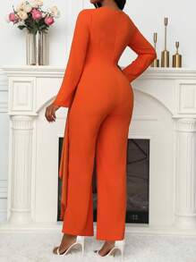 Zolique 女士纯色 V 领长袖连体裤 - 橘色 - 查看 2