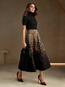 Anewsta 女士都市时尚豹纹渐变黑色女式超长裙