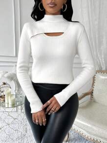 SHEIN Clasi Solid Color Long Sleeve Mock Neck Hollow Out Front Fleece Sweater, Casual Wear