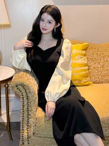 DAZY 女士拼色长袖休闲长裙、生日舞会礼服 - 黑色 - 查看 3