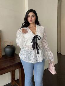 SHEIN Unity Áo len cardigan họa tiết thường ngày cổ chữ V dài tay loe có nơ trang trí cỡ lớn - trắng - Xem 5