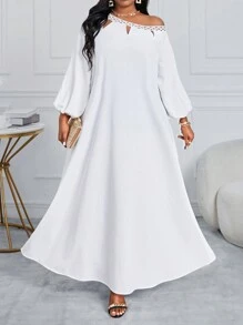 SHEIN Lady 春夏优雅波西米亚风白色编织露肩主教袖不对称长袖大码连衣裙长袍白色连衣裙