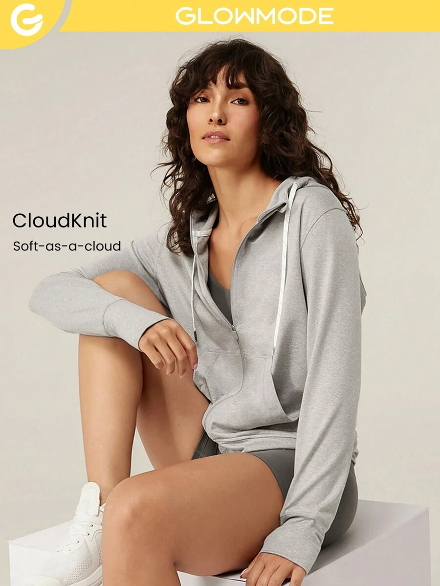GLOWMODE CloudKnit Soft Get Comfy Drawstring Hoodie With Thumbholes Daily Casual - Grey - View 1