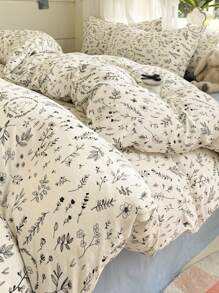 3 件套卷轴图案叶子、花朵和兔子印花水洗黑白羽绒被套和枕套，单人床/双人床/大号双人床/特大号双人床